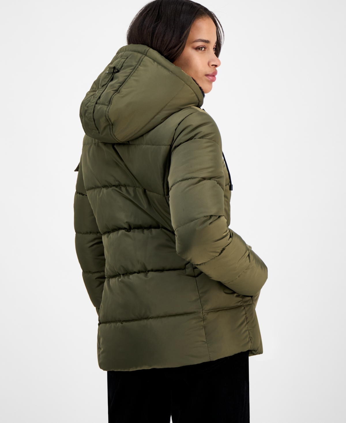 Steve Madden Women's Faux-fur-trim Hooded Utility-pocket Puffer Coat In Green