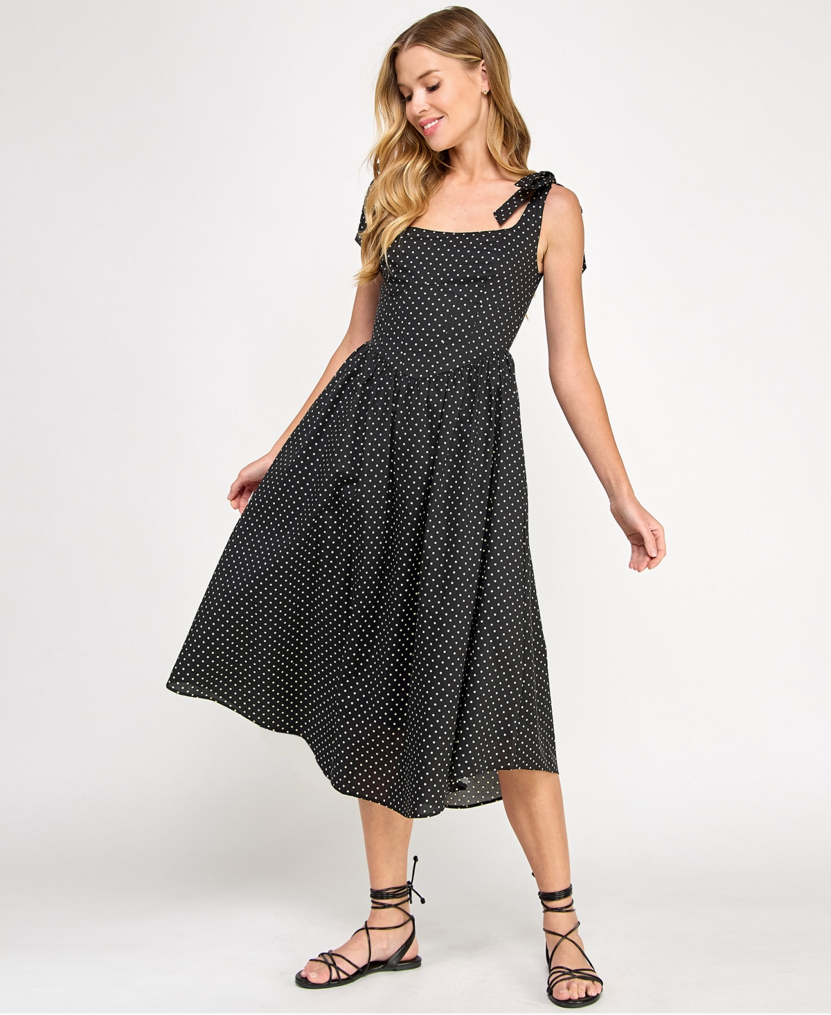 Juniors' Polka-Dot Shoulder-Tie Midi Dress - Black/White