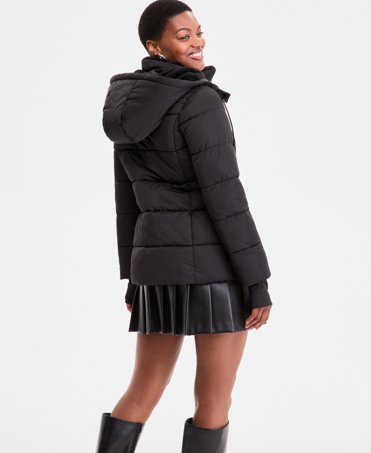 Steve Madden Women's Faux-fur-trim Hooded Puffer Coat In Black
