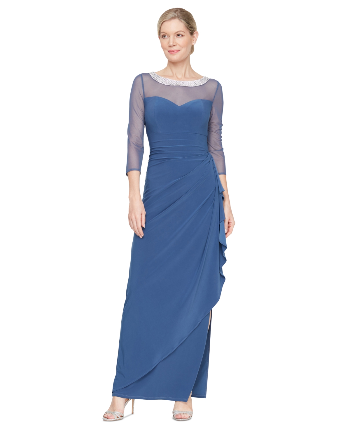 Petite 3/4-Sleeve Illusion Ruffled Gown - Navy
