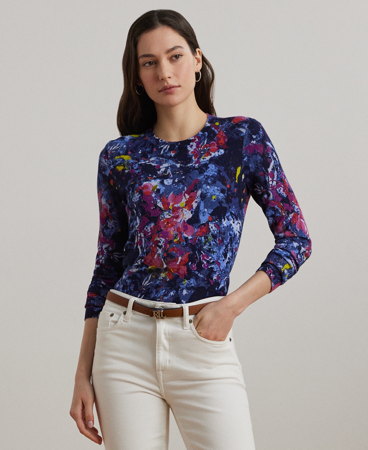 Petite Print Cotton-Blend Sweater - Blue Multi