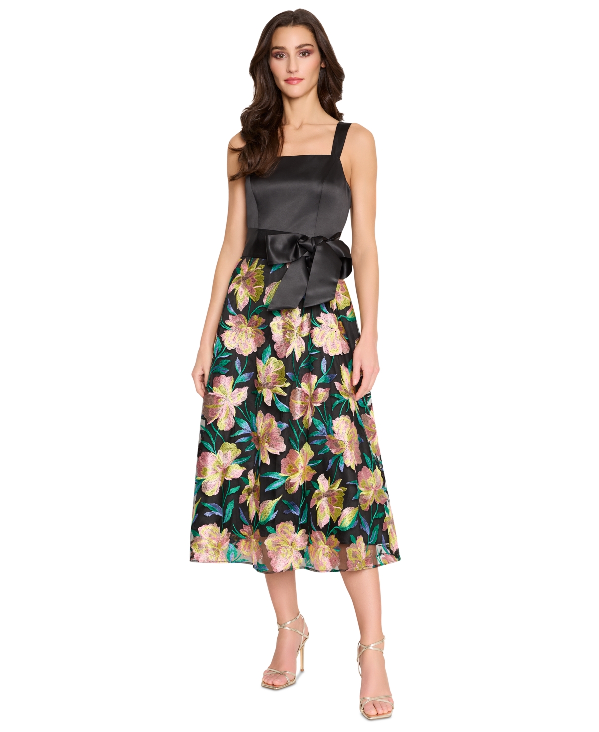 Tahari Asl Women's Satin Tie-waist Floral-embroidered Dress