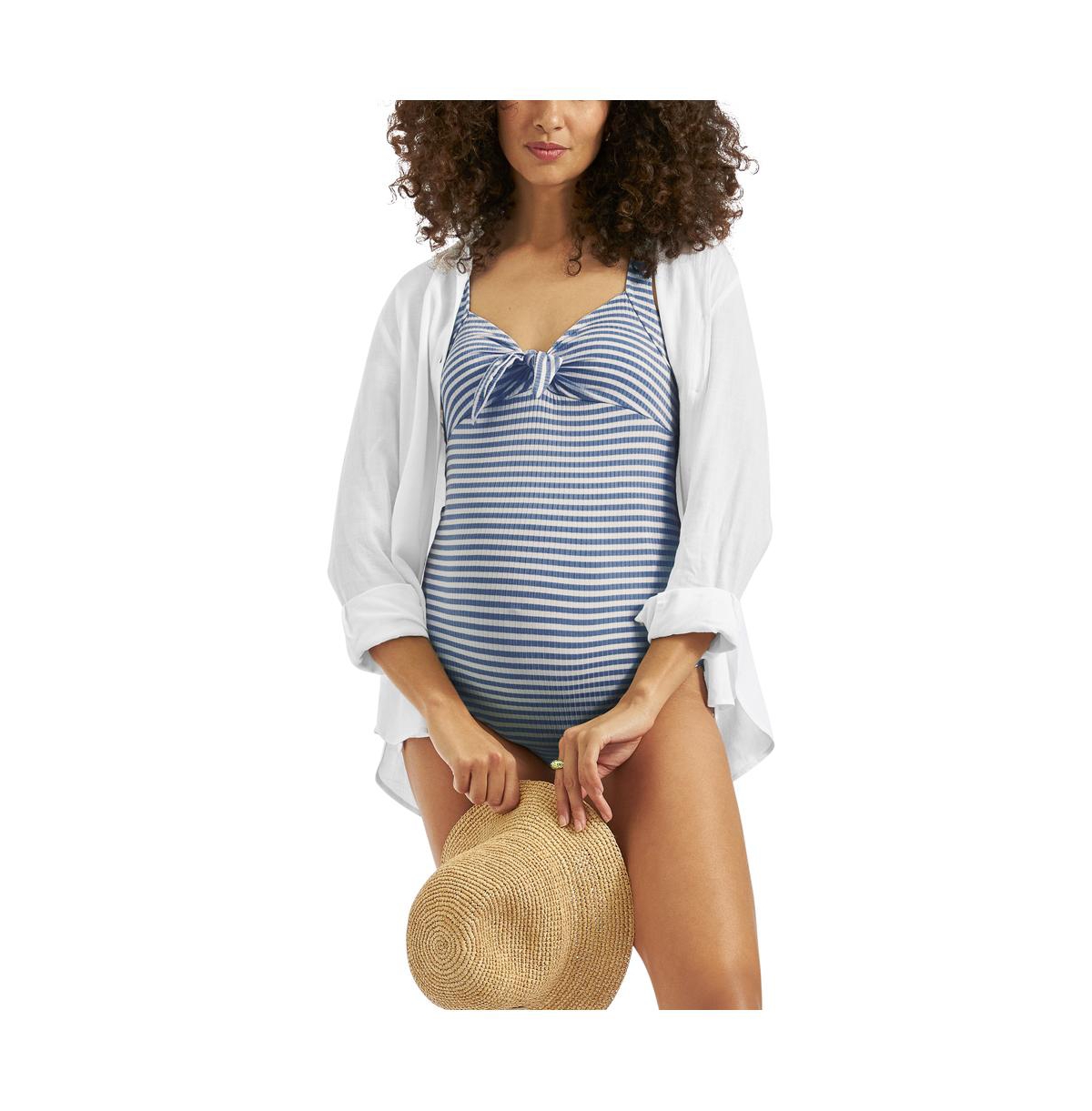 Maternity Ripe Dune Stripe One Piece - Washed indigo / white