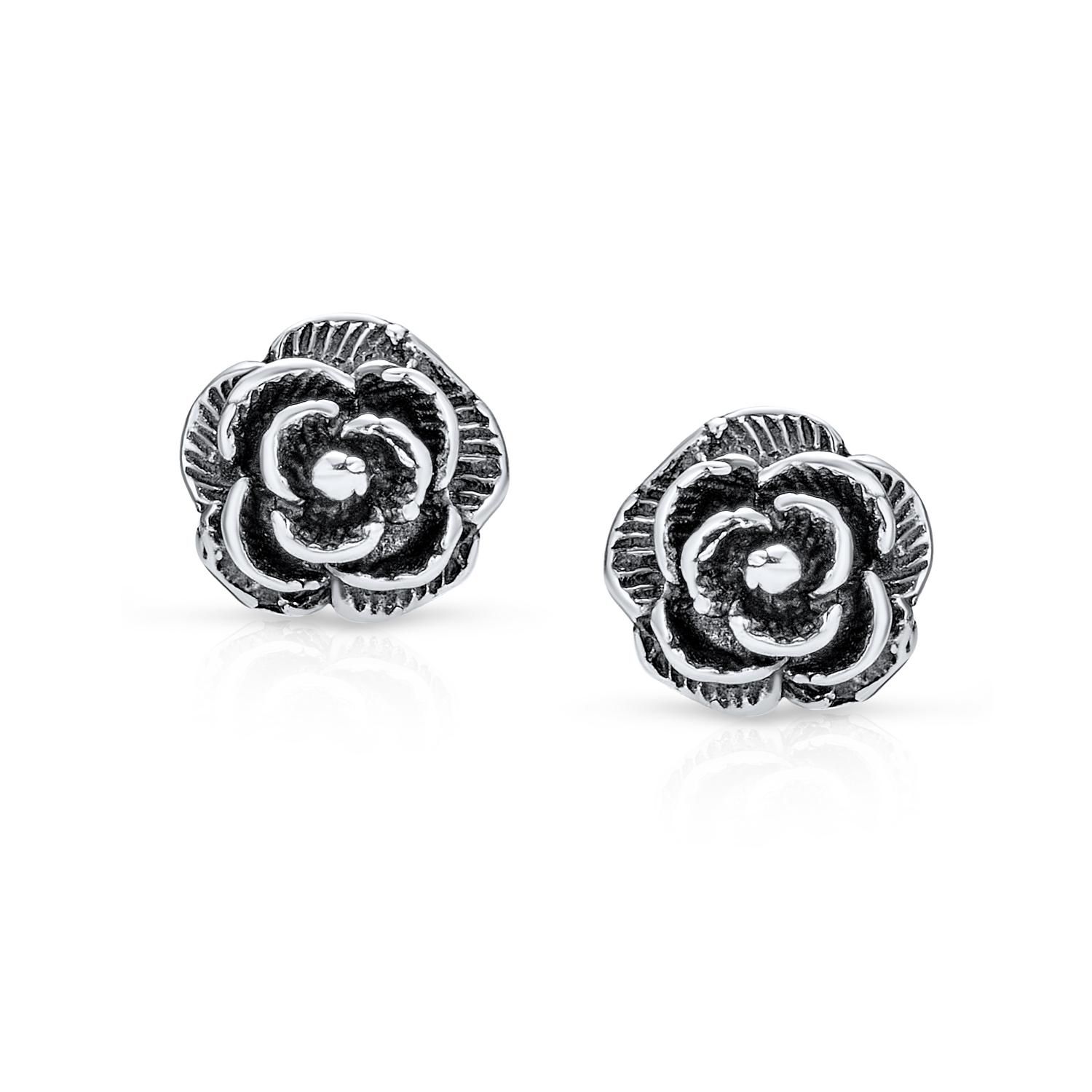 Retro Vintage Floral Black Rose Stud Earrings Oxidized Sterling Silver 8MM