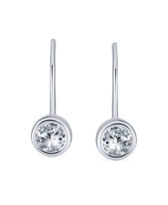 Classic Minimalist Round Solitaire Bezel Set CZ Drop Earrings .925 Sterling Silver French Wire Threader Fishhook