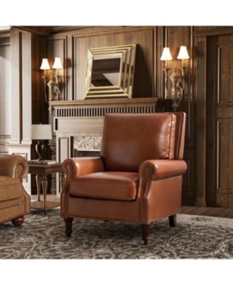 Wajeeh 33"W Mid-Century Modern Buttery Genuine Leather Accent Chair With Solid Wood Legs