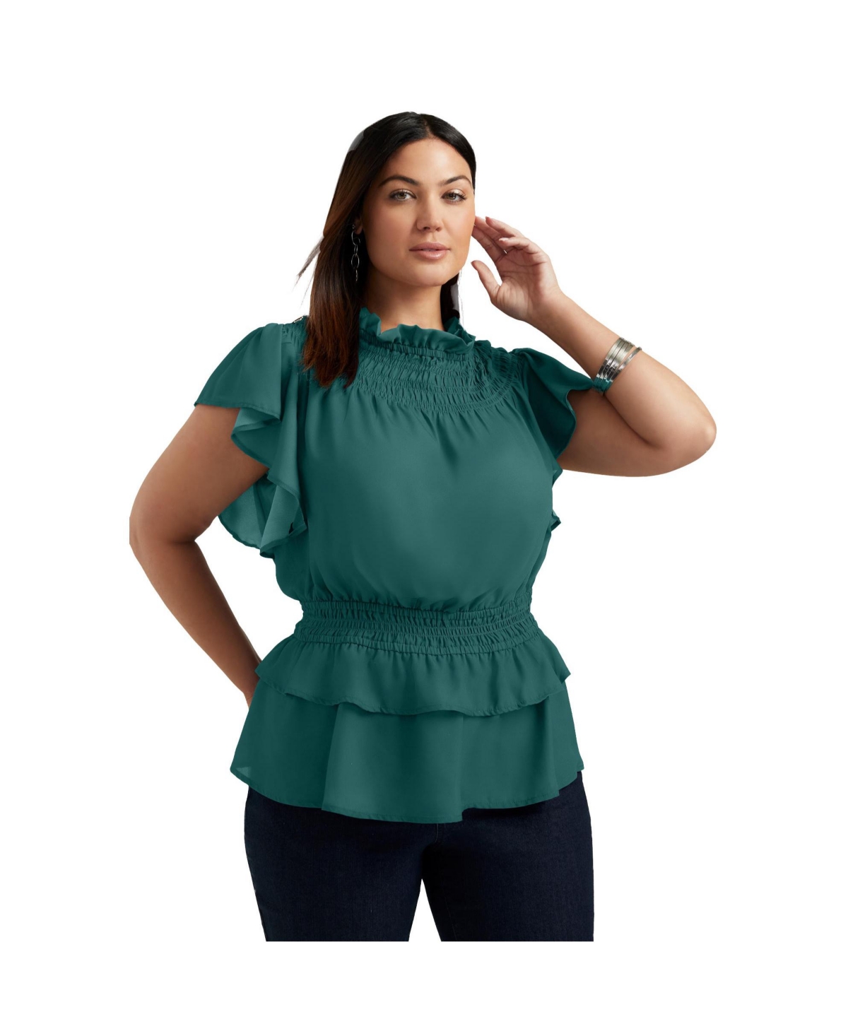 Plus Size June + Vie Mockneck Ruffle Blouse - Bayberry