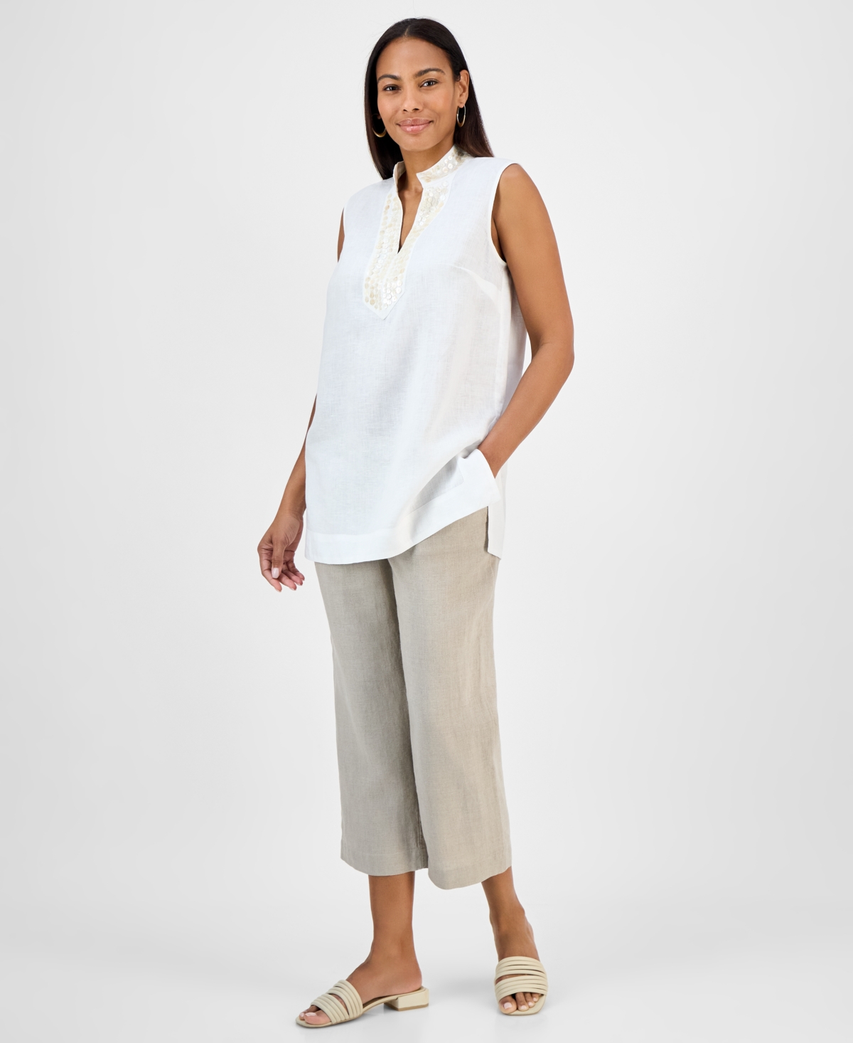 CHARTER CLUB WOMEN'S EMBELLISHED 100% LINEN TUNIC, EXCLUSIVELY AT MACY'S 