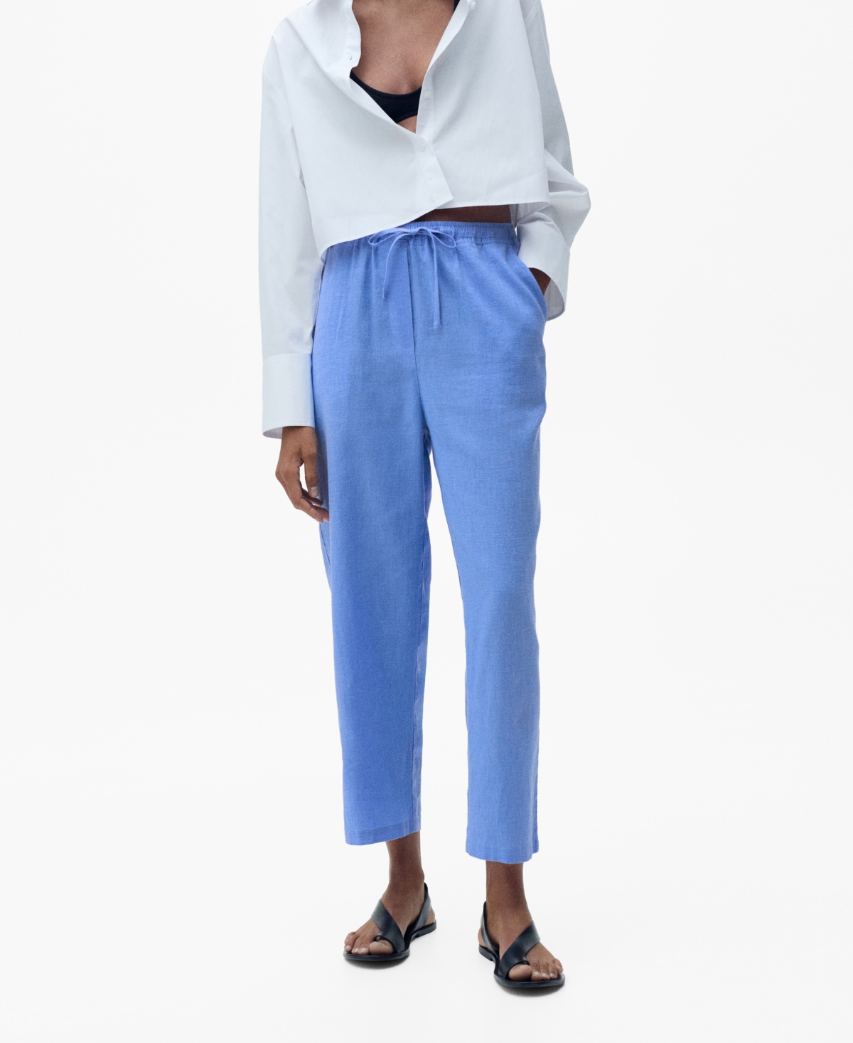 Mango Linen Drawstring Pants In Blue