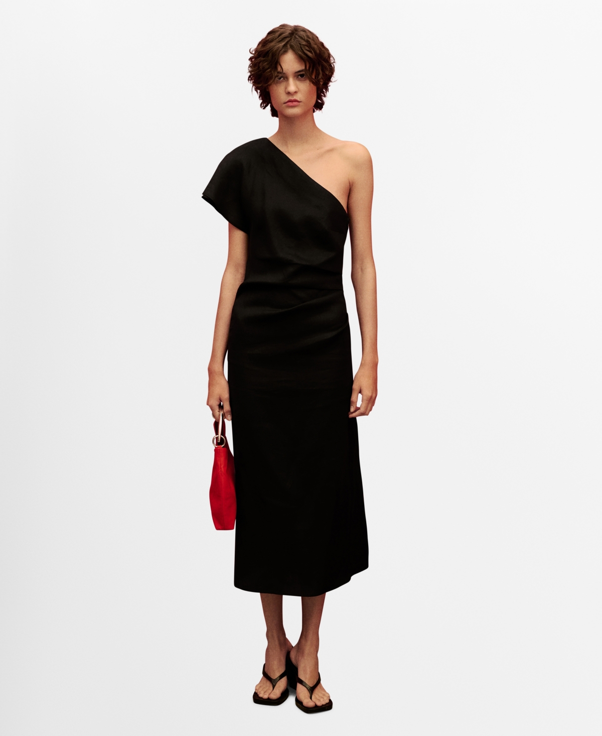 Mango Asymmetrical Linen Dress Black In Black