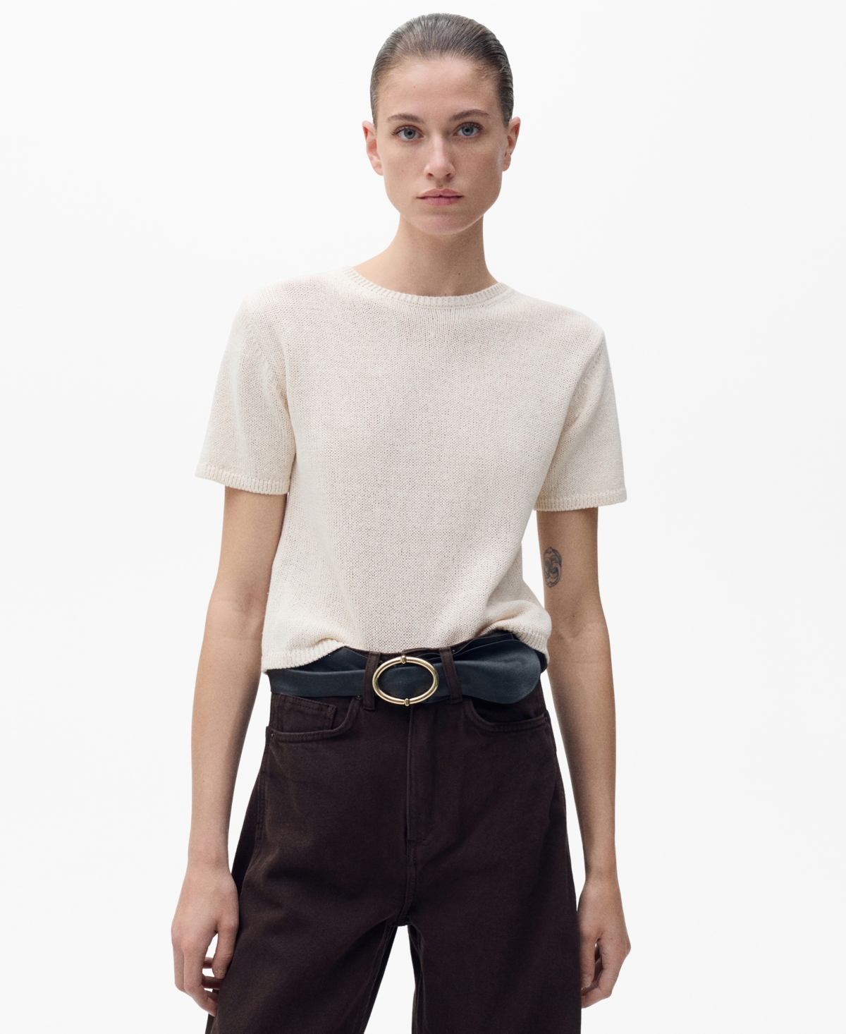 Mango Madeano Short Sleeve Crewneck Sweater In Light,pastel Grey