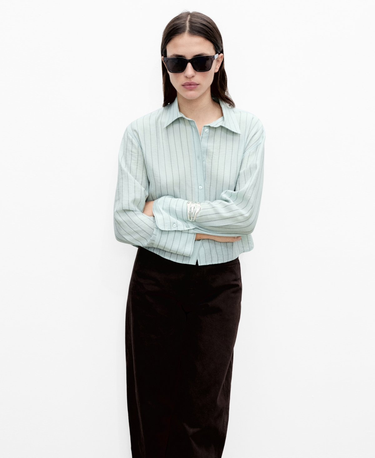 Mango Striped Cropped Shirt Green In Green