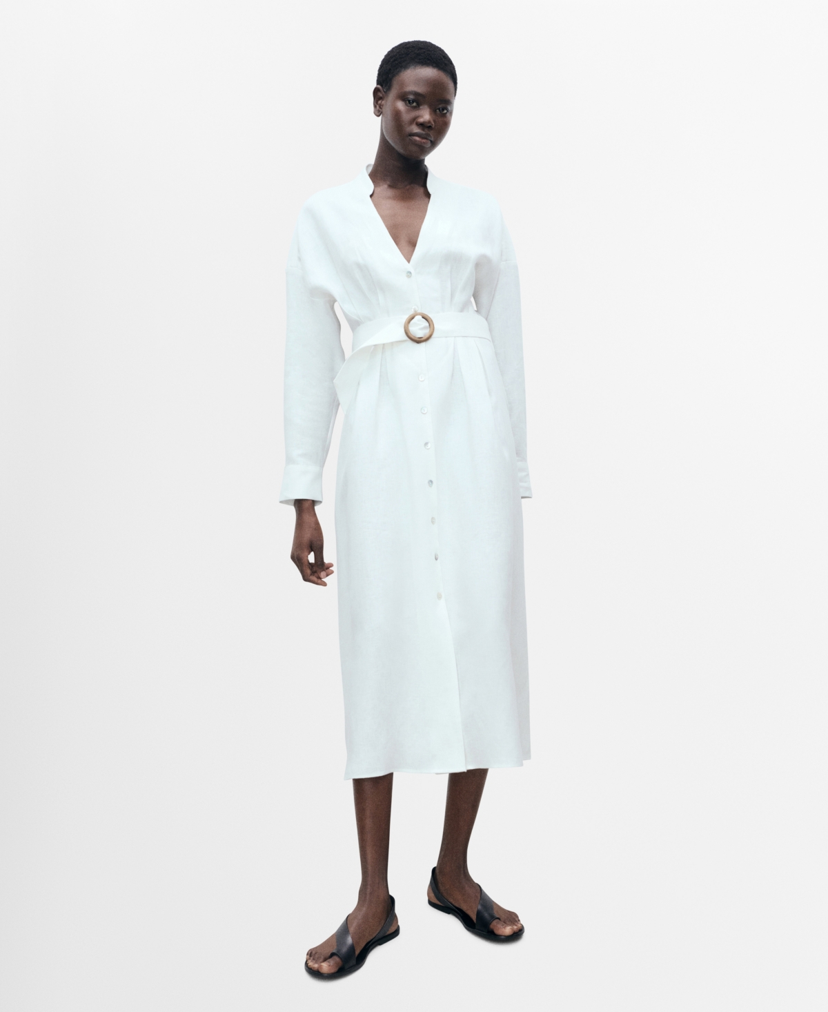 Mango Belted Long Sleeve Linen Shirtdress In White