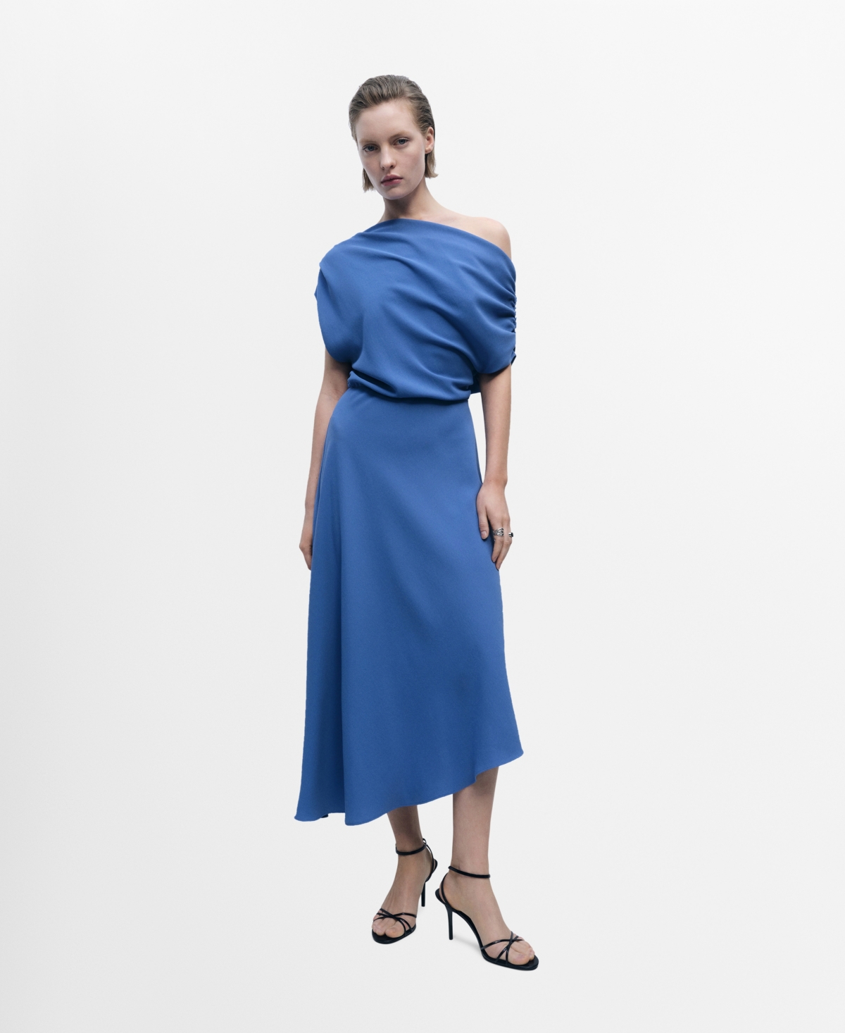 Mango Asymmetrical Neck Midi Dress Blue In Blue