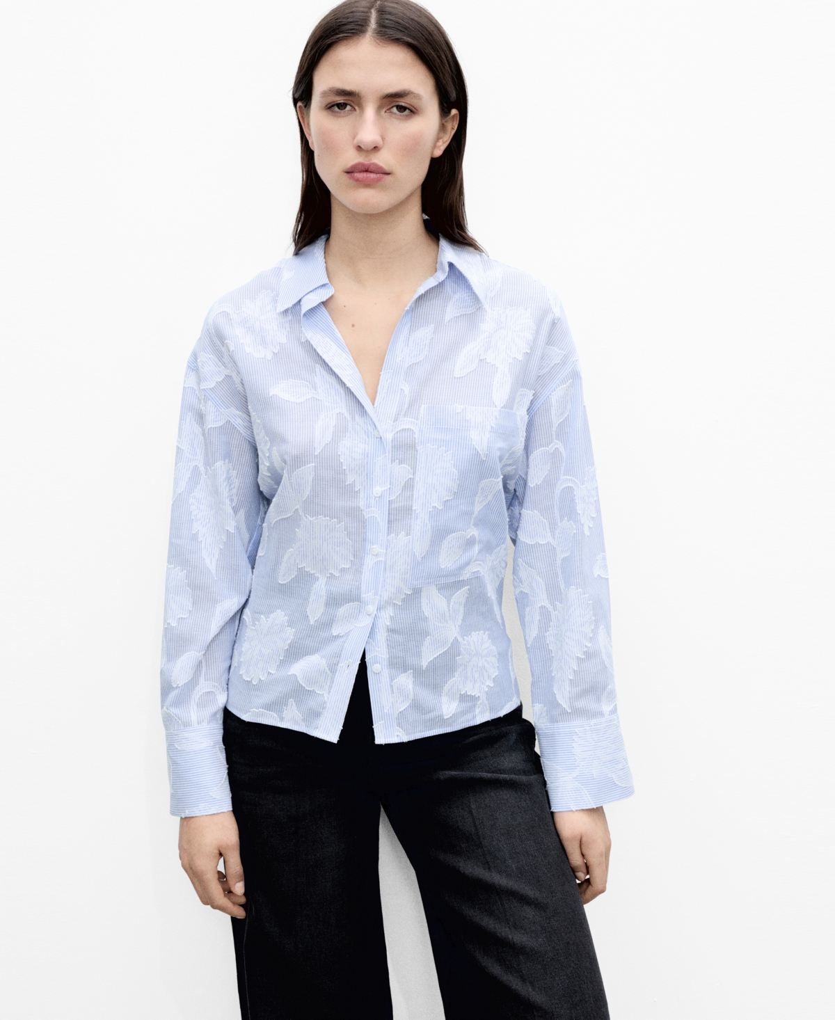 Mango Oversize Embroidered Floral Stripe Button-up Shirt In Sky Blue