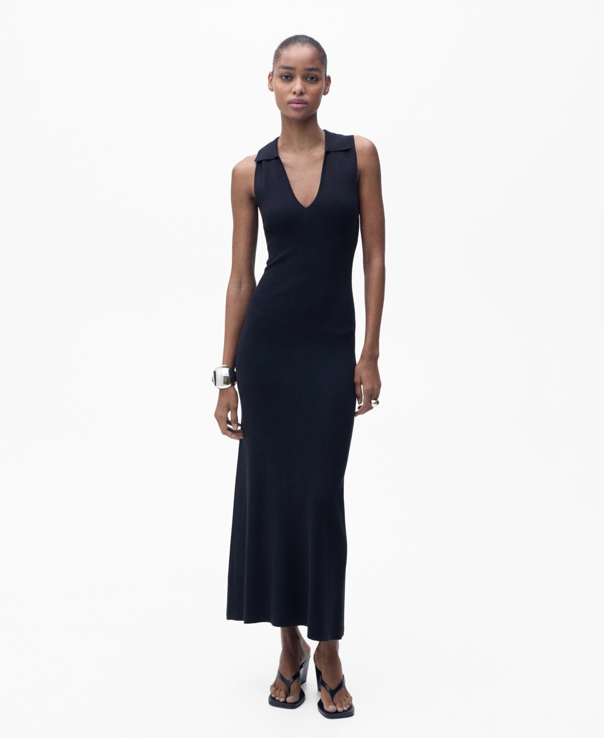 Shop Mango Women's Lapel Knitted Midi Dress In Dark Navy