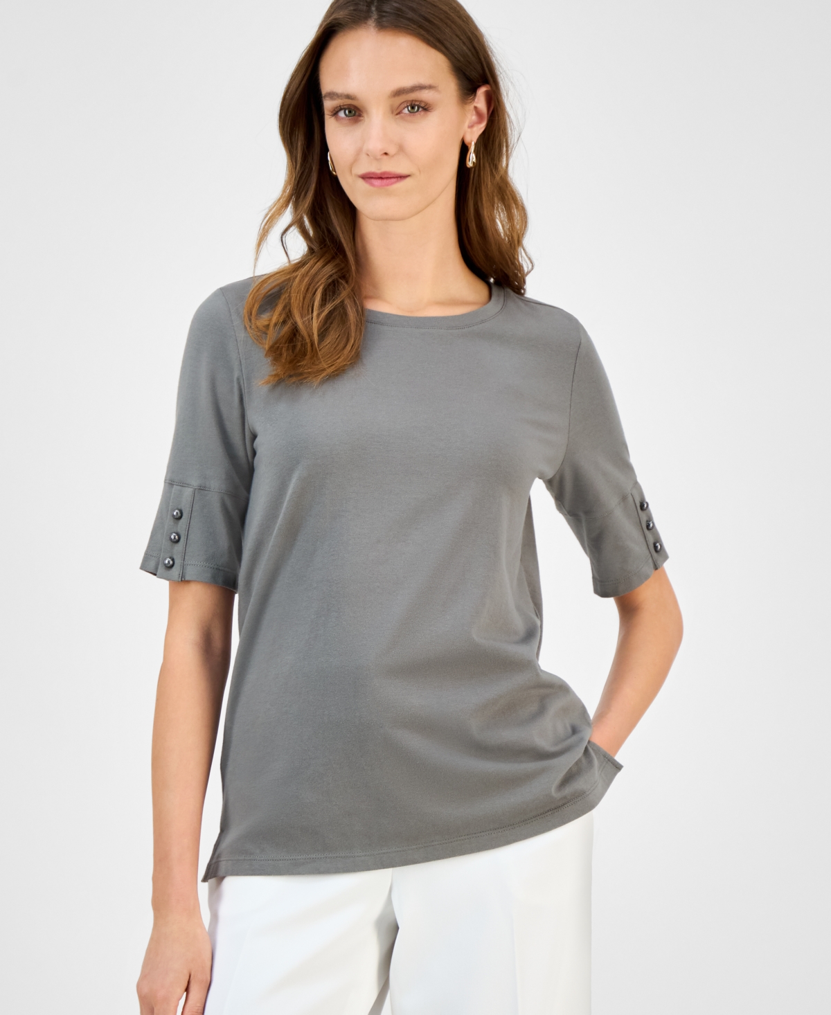Women's Button-Cuff Crewneck T-Shirt - Tearose