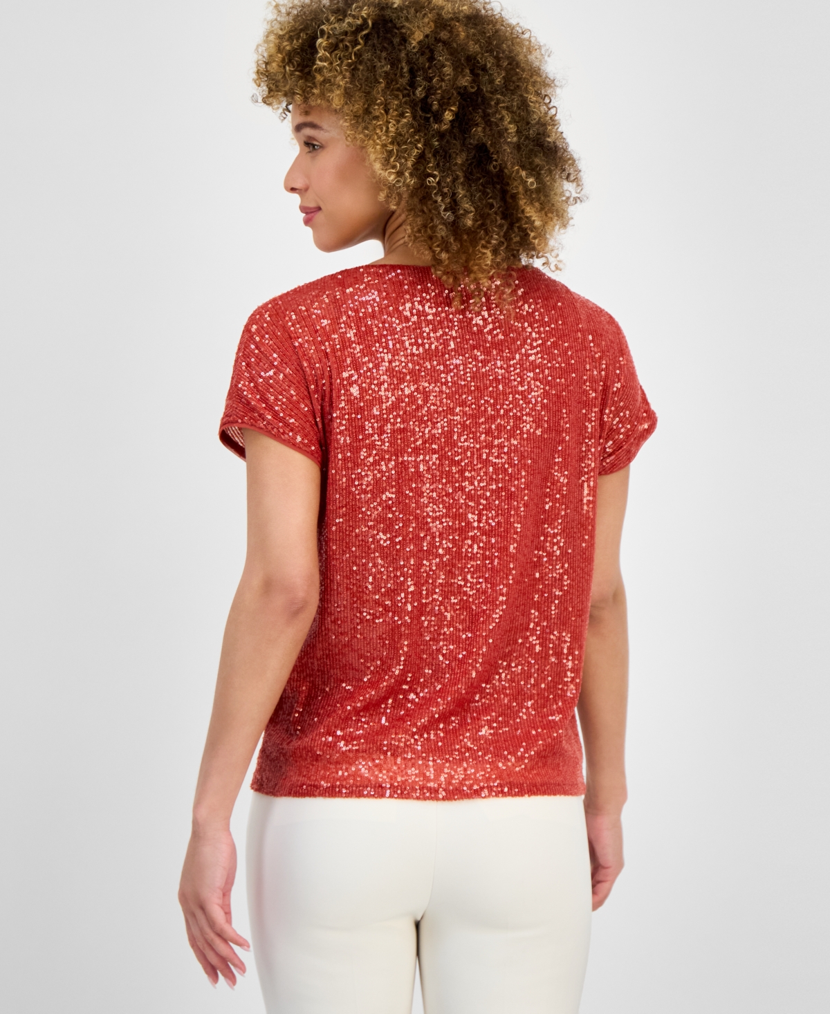 Anne Klein Dolman Sleeve Sequin Top In Red