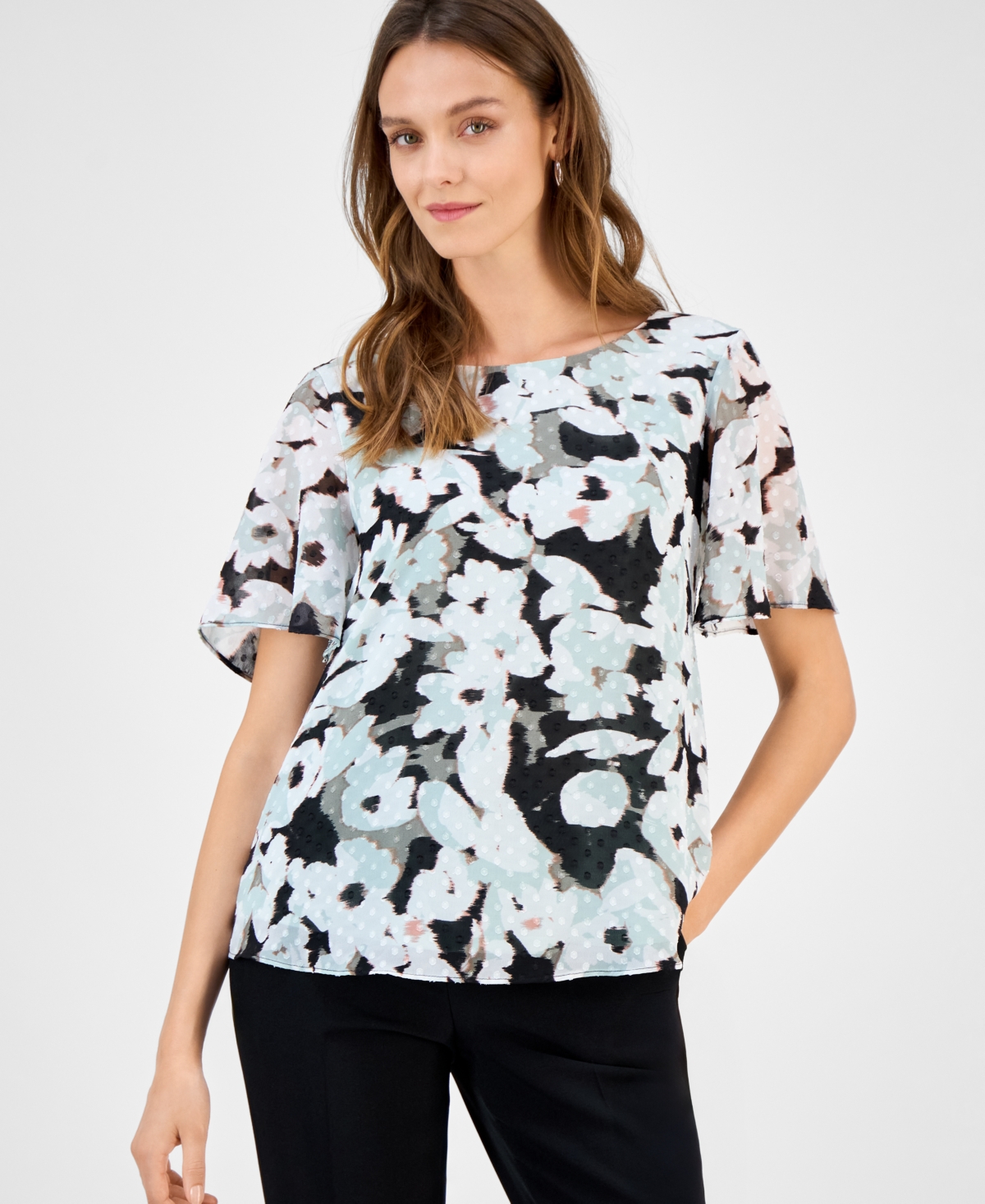 Women's Printed Swiss Dot Flutter-Sleeve Blouse - Sea Glass Multi