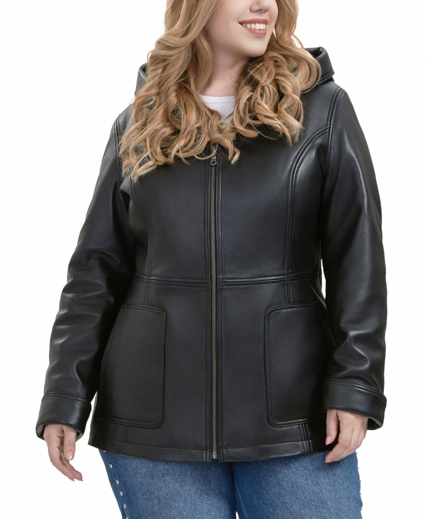 Женское пальто BGSD Plus Size Cara Hooded Leather, цвет: Чёрный — фото 3