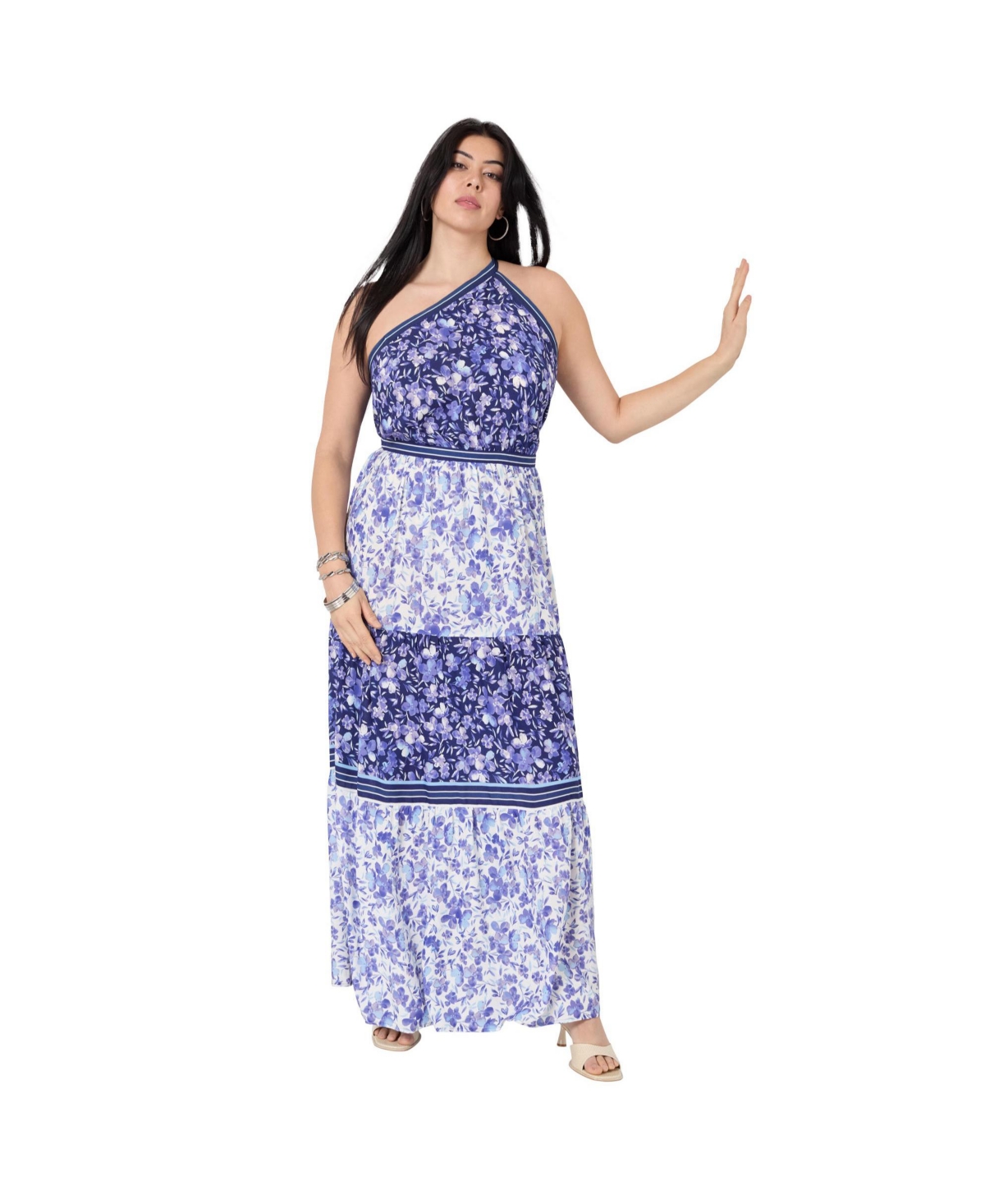 June + Vie Women's June + Vie One-Shoulder Tiered Maxi Dress - Flower field blue