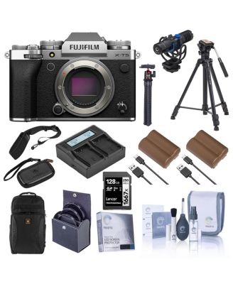 X-T5 Mirrorless Camera, Silver with XF 16-50mm f/2.8-4.8 R LM WR Lens, Bundle with 128GB SD Card, Backpack, 2x Battery, Smart Charger,