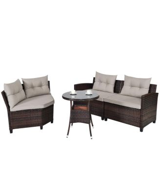 4PCS Outdoor Patio Rattan Furniture Set Cushioned Sofa Table