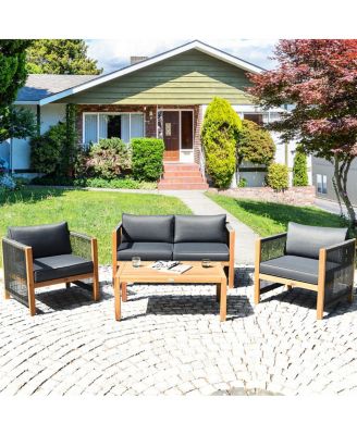 4 PCS Acacia Wood Patio Conversation Set w/Cushions for Garden
