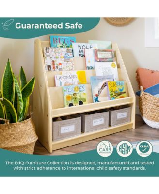 EdQ Book and Bin Display - White: Children's Wooden Bookcase with Shelves and Storage Bins for Kids' Books and Toys