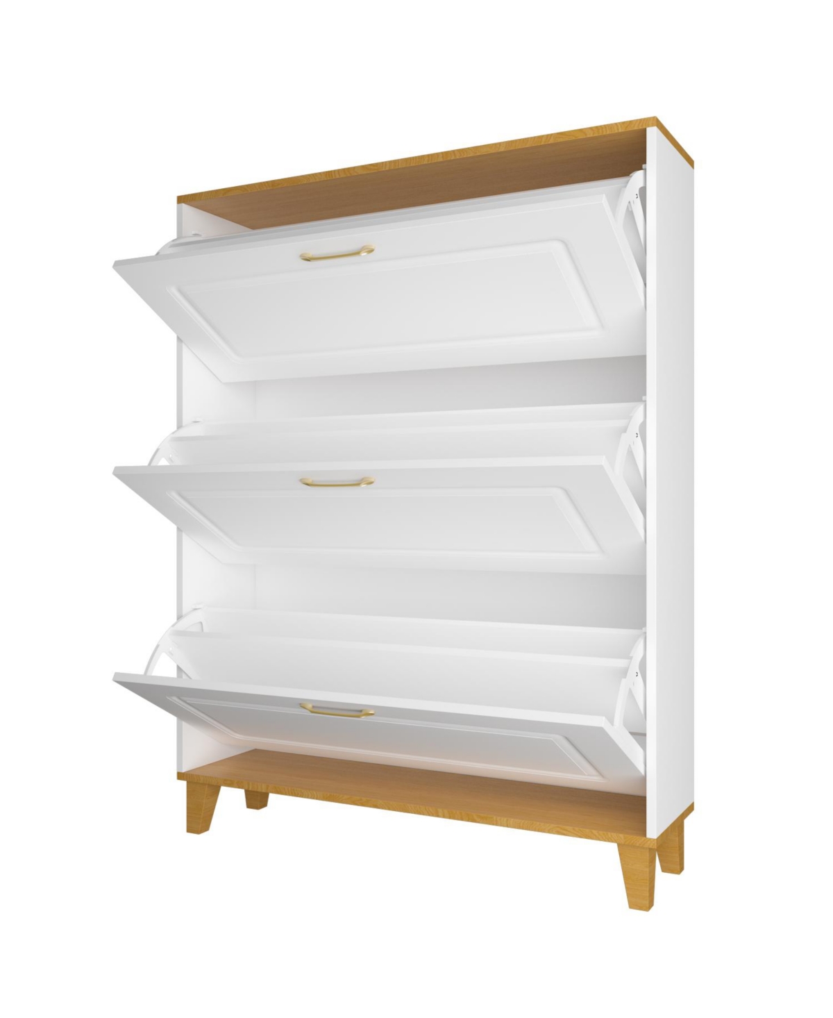 Wooden three-door natural shoe cabinet, multi-purpose shoe rack with adjustable shelves,cabinet foot,white - White