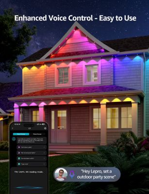 E1 AI Permanent Outdoor Lights APP Control, 50ft Smart RGB+IC Christmas House Lights with 30 Warm/Cool White LED Pucks, Alexa Google Enabled, AI Generated Lighting LLM, NO Remote, 2.4 GHz WiFi