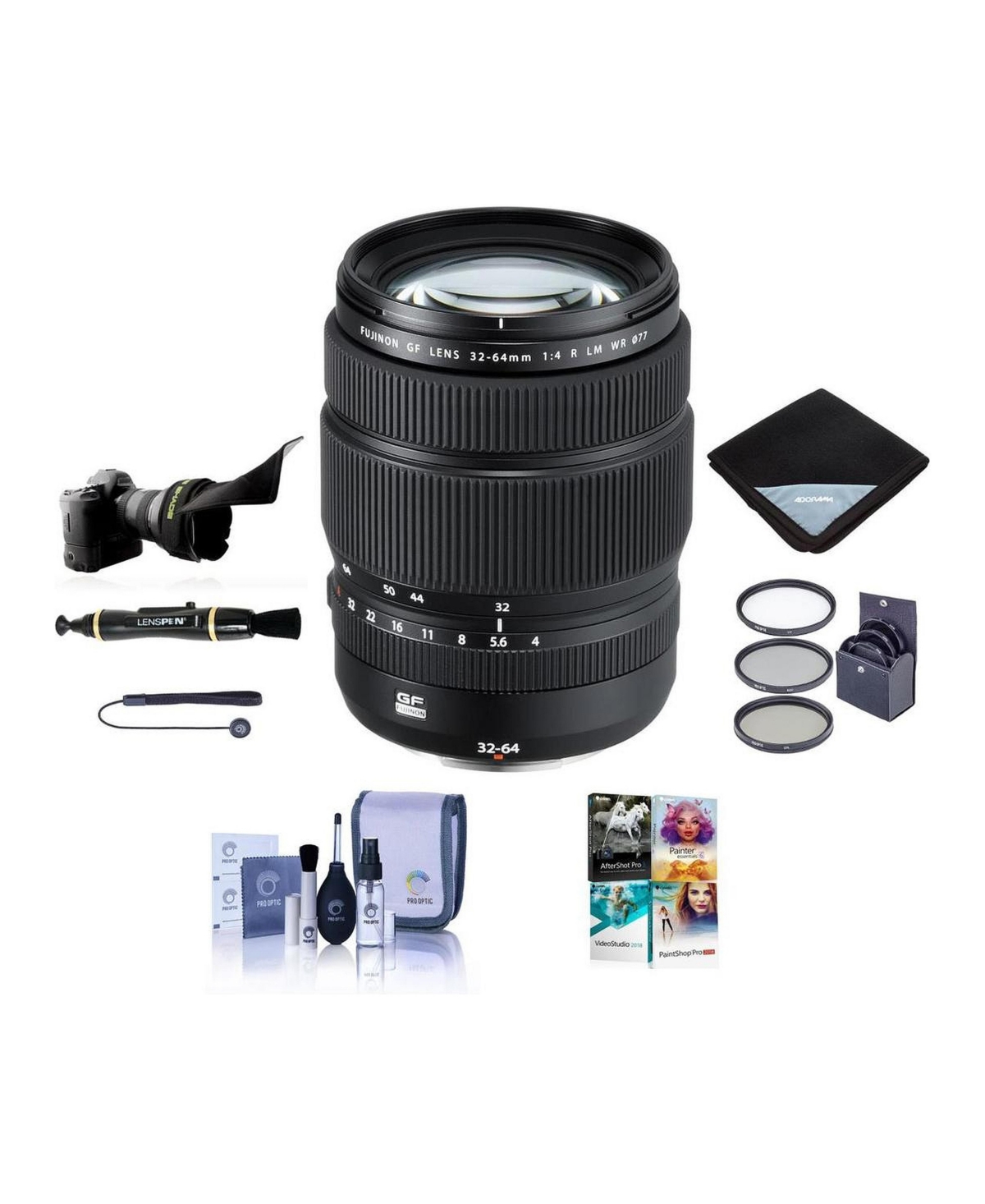 Fujifilm Gf 32-64mm f/4 R Lm Wr Lens, Bundle with ProOptic 77mm Filter Kit, Flex Lens Shade, Lens Wrap, LensPen Cleaner, Lens Cap Leash, Cleaning Kit,