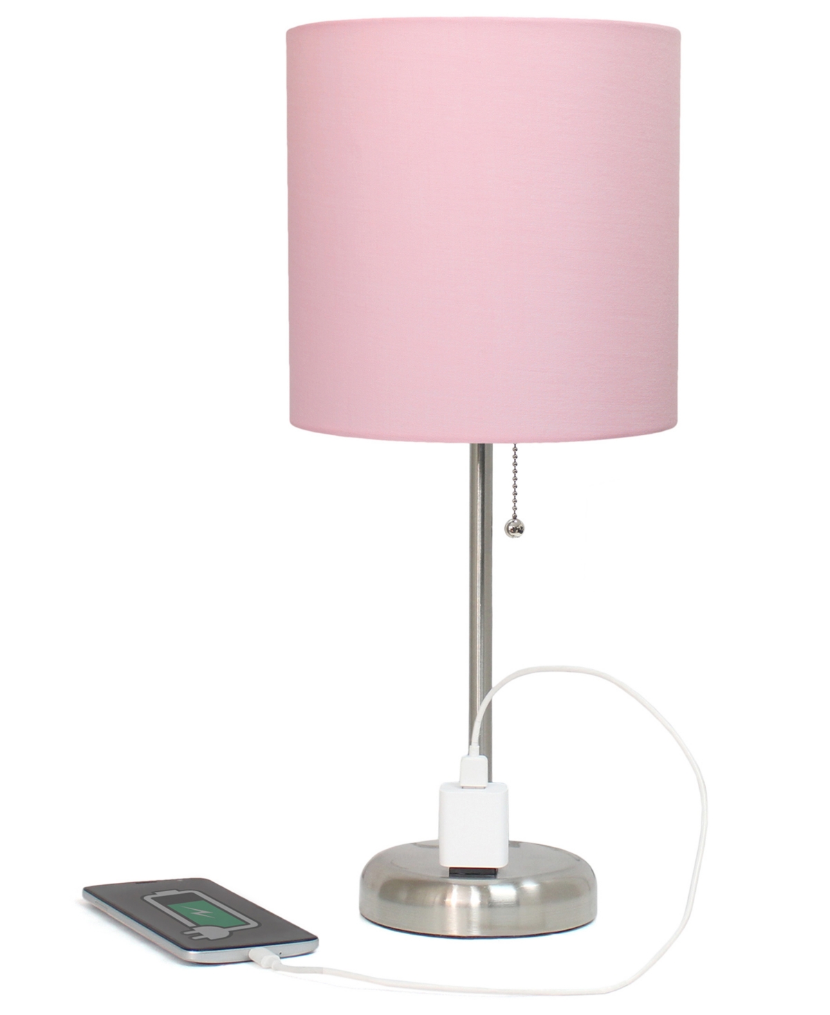 Creekwood Home 19.5" Metal Oslo Contemporary Bedside Duo Table Lamp Set In Brushed Steel,light Pink Shade