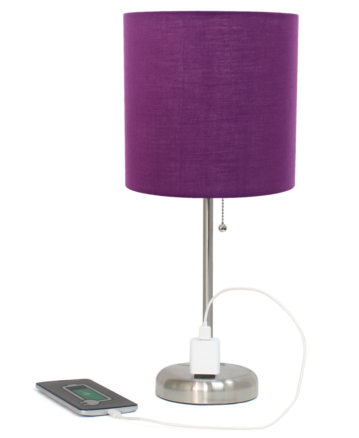 Creekwood Home 19.5" Metal Oslo Contemporary Bedside Duo Table Lamp Set In Brushed Steel,purple Shade