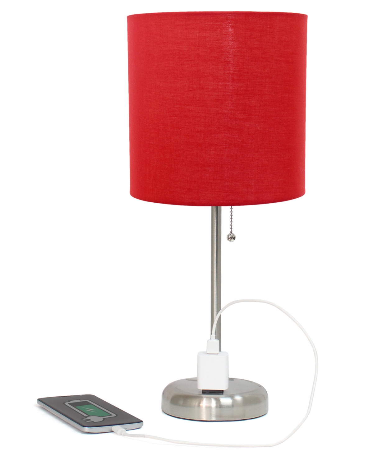 Creekwood Home 19.5" Metal Oslo Contemporary Bedside Duo Table Lamp Set In Brushed Steel,red Shade