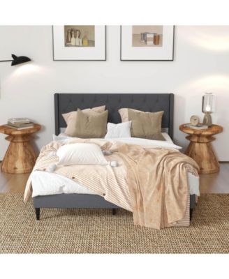 Queen Size Upholstered Platform Bed with Button Tufted Wingback Headboard-Gray