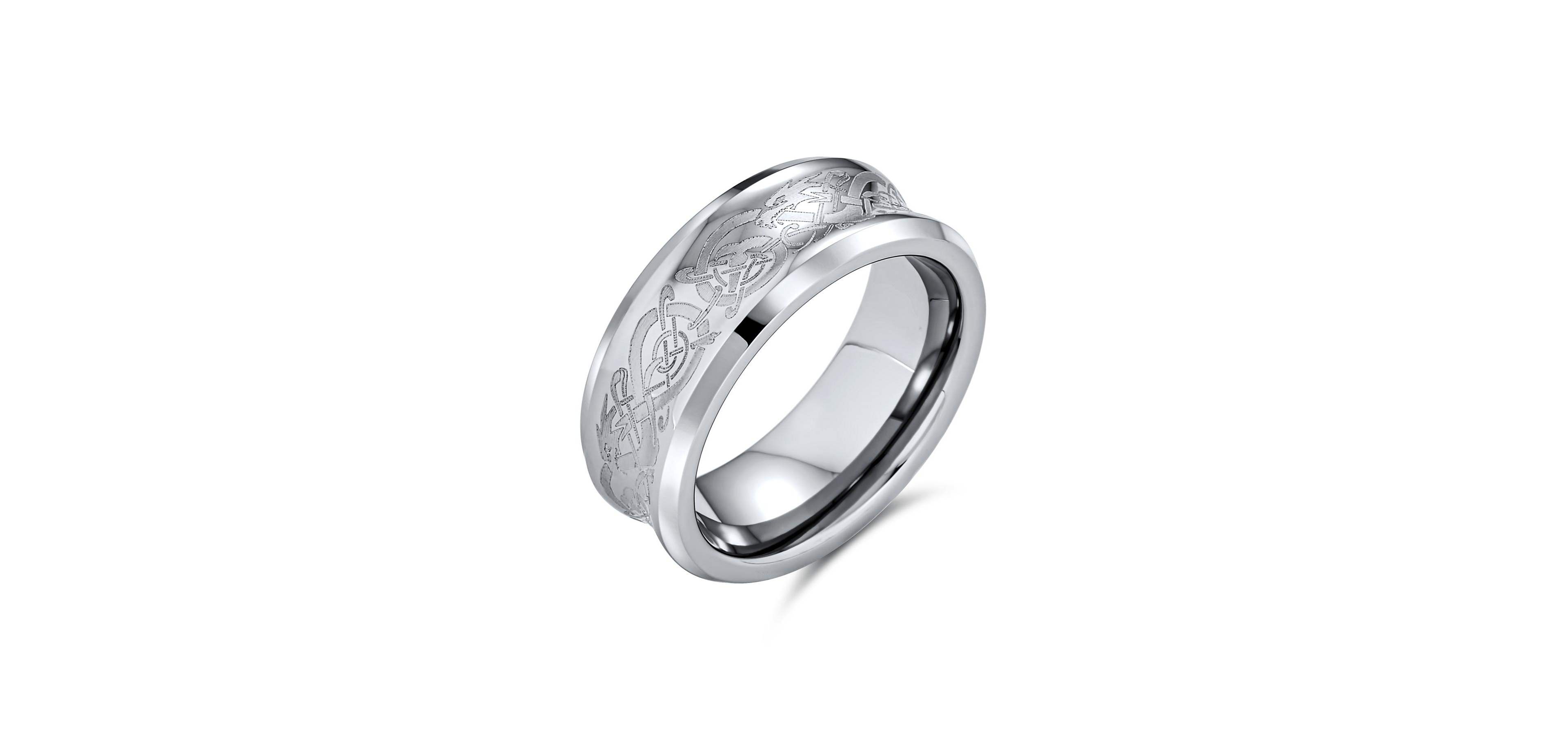Bling Jewelry Celtic Knot Dragon Inlay Couples Concave Titanium Promise Band Ring Black Silver Gold Tone Comfort Fit 8MM