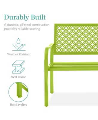 Indoor Outdoor Steel Garden Bench w/ Geometric Backrest, Foot Levelers