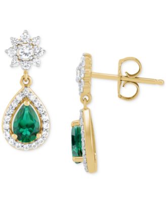Lab-Created Emerald (5/8 ct. t.w.) & Lab-Created White Sapphire (1/2 ct. t.w.) Pear Halo & Cluster Drop Earrings in 