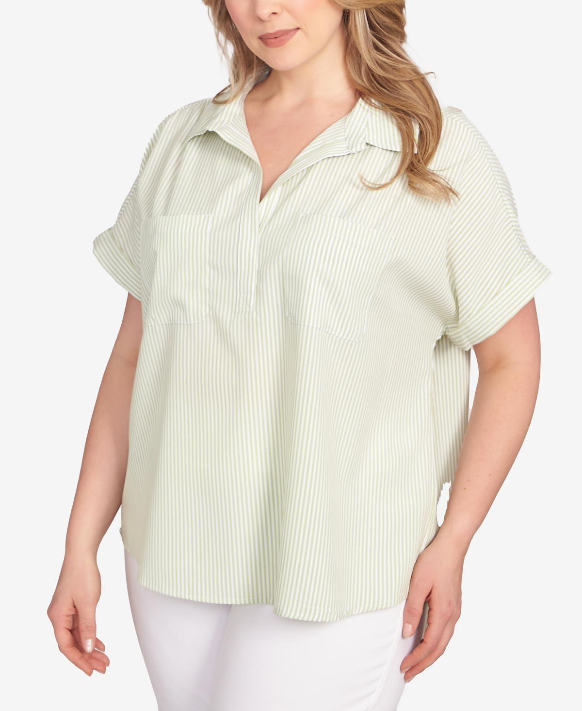 Hearts Of Palm Plus Size Stripe Pull Over Top In Bright Green Multi