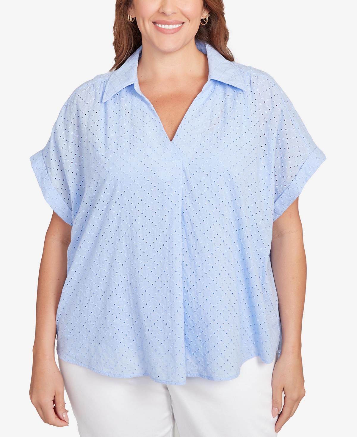 Plus Size Short Sleeve Eyelet Pull Over Top - Ocean Blue