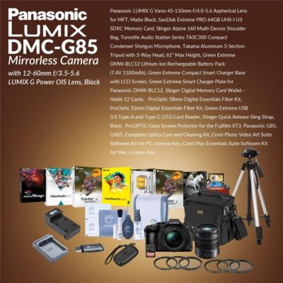 LUMIX DMC-G85 Mirrorless Camera w/12-60mm f/3.5-5.6 Lens Bundle with Lens, Memory Card, Bag, Microphone, Tripod, 2x Battery, Charger