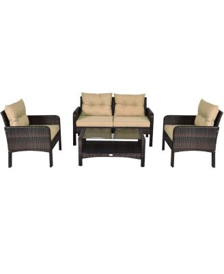4PCS Patio Rattan Furniture Set Loveseat Sofa Coffee Table Garden W/ Cushion