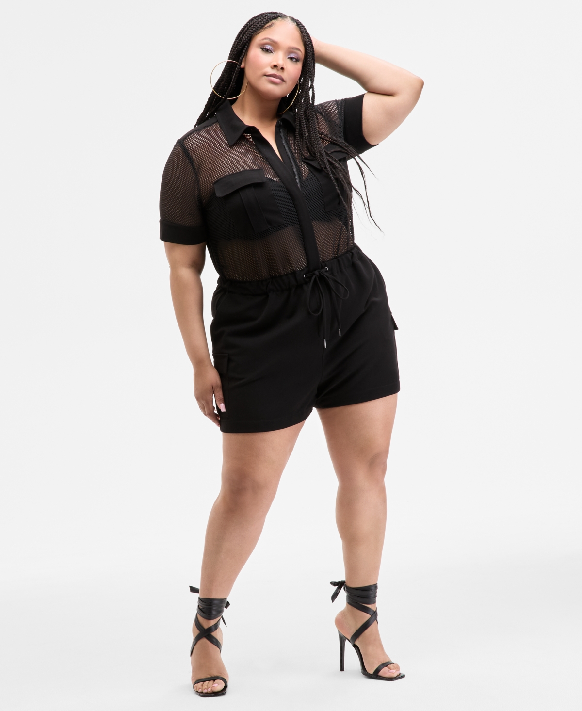 Nina Parker Trendy Plus Size Mesh Utility Romper