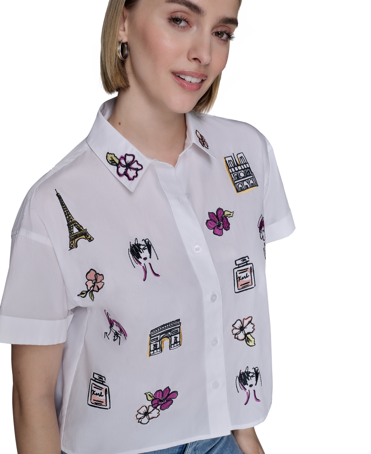 Karl Lagerfeld Petite Cotton Embroidered Short-sleeve Shirt In White