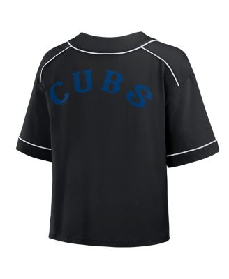 Women's Black Chicago Cubs Oversized Champ Game Cropped V-Neck T-Shirt