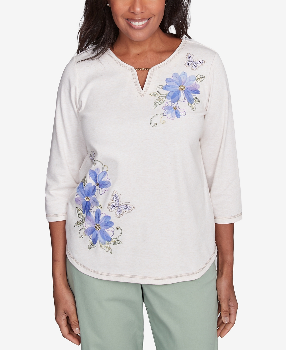 Alfred Dunner Petite Asymmetric Butterfly Floral Embroidered Top In White