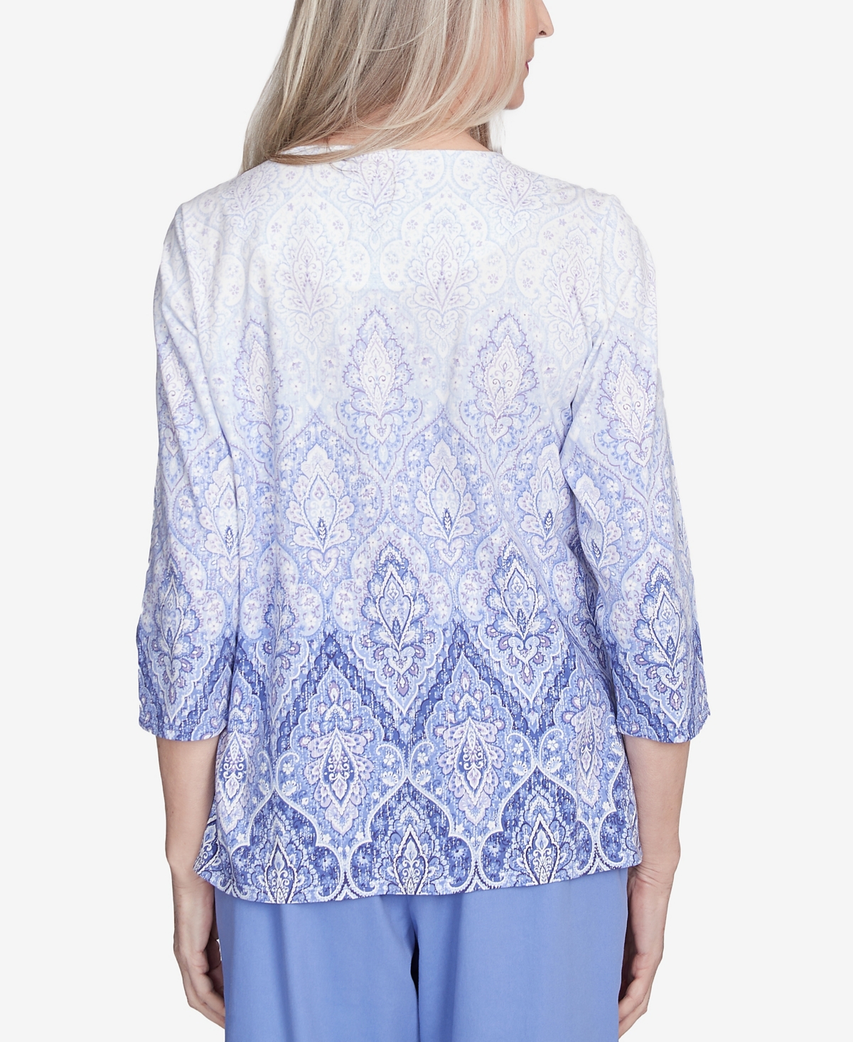 Alfred Dunner Plus Size Santa Fe Ombre Medallion Crew Neck Printed Top In Iris