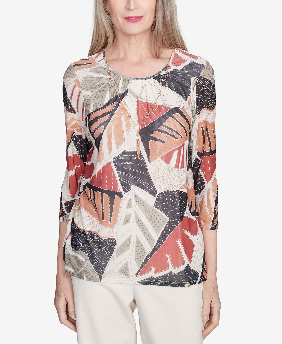 Petite Natural Instinct Tropical Mesh Top With Necklace - Neutral Multi