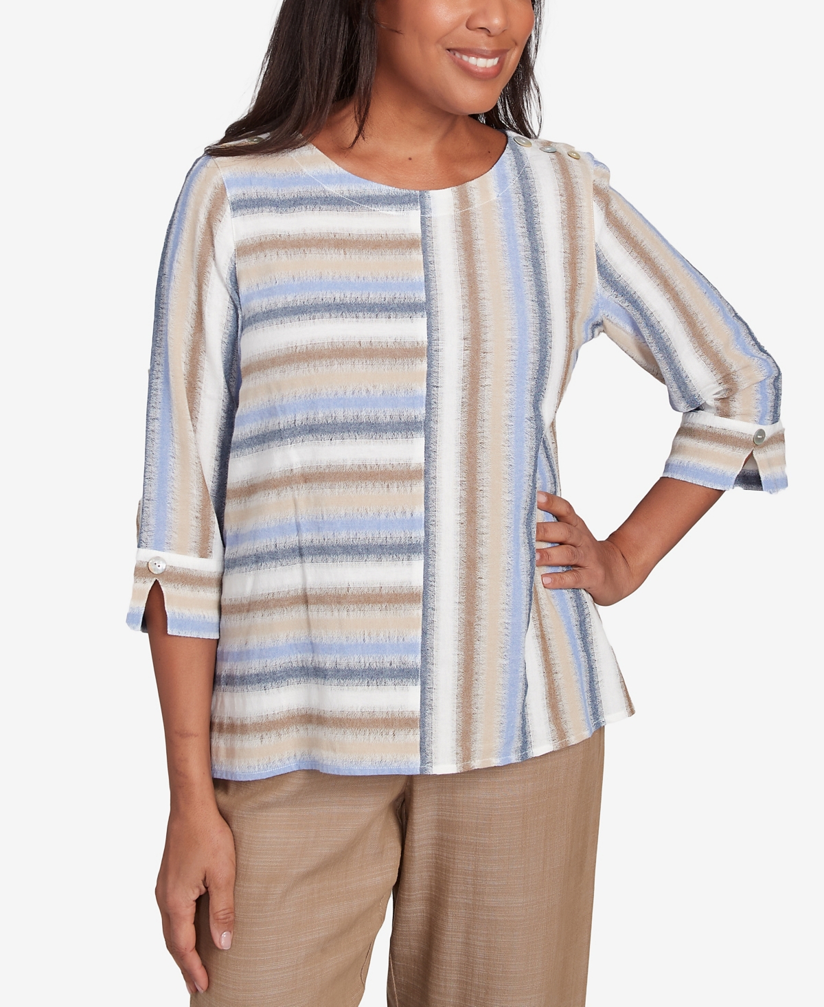 Petite Summer Solstice Spliced Stripe Button Shoulder Top - Neutral Multi